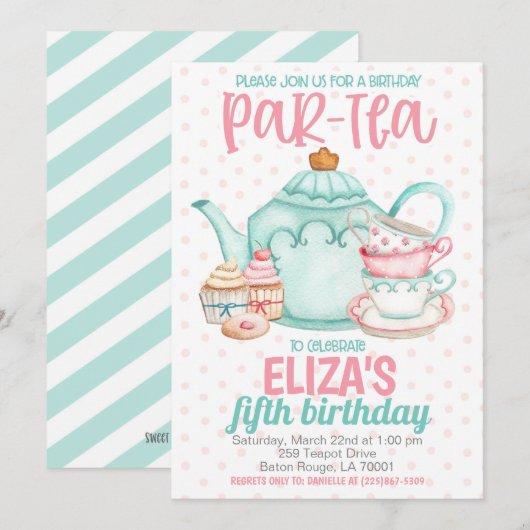 お茶の誕生日パーティーへの招待 招待状 (正面/裏面)