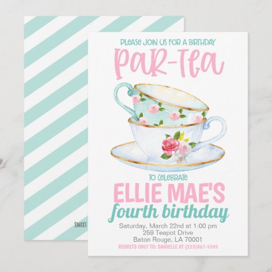 お茶の誕生日パーティーへの招待 招待状 (正面/裏面)