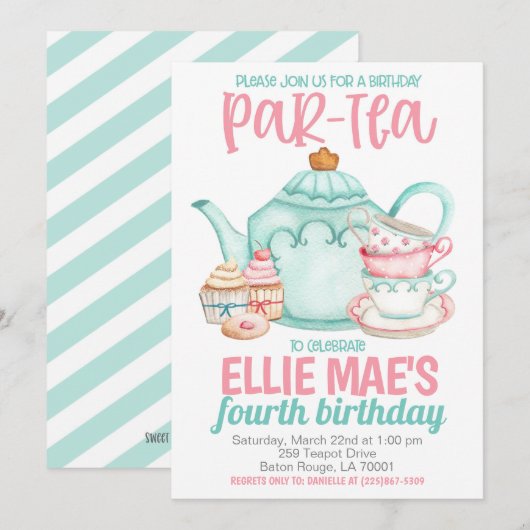 お茶の誕生日パーティーへの招待 招待状 (正面/裏面)