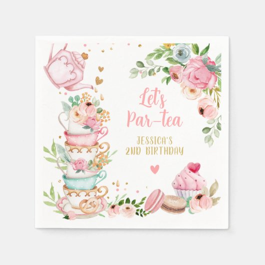 お茶の誕生日パーティーピンクフラワーガールパールティーフローラ スタンダードカクテルナプキン (正面)