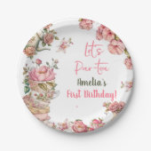 お茶の誕生日パーティーピンクフラワーガールパールティーフローラ ペーパープレート (正面)