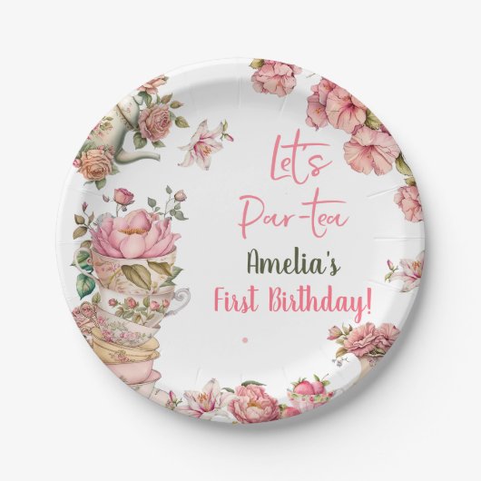 お茶の誕生日パーティーピンクフラワーガールパールティーフローラ ペーパープレート (正面)