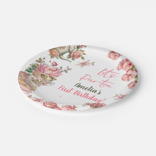 お茶の誕生日パーティーピンクフラワーガールパールティーフローラ ペーパープレート (アングル)