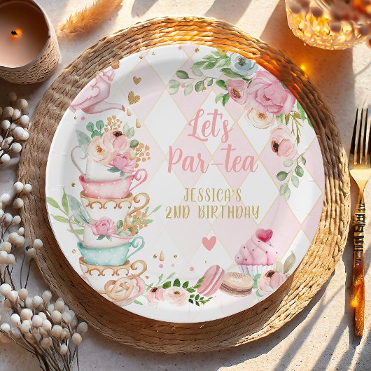お茶の誕生日パーティーピンクフラワーガールパールティーフローラ ペーパープレート