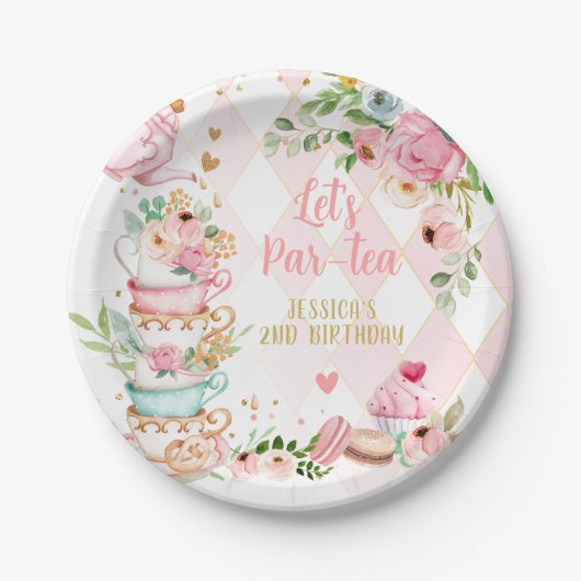 お茶の誕生日パーティーピンクフラワーガールパールティーフローラ ペーパープレート (正面)