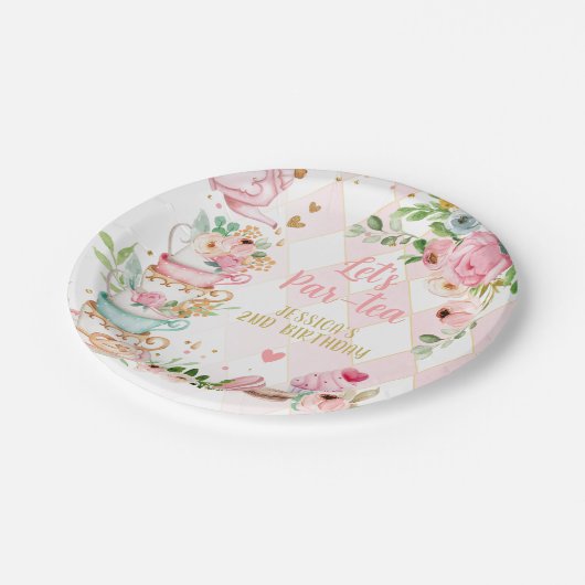 お茶の誕生日パーティーピンクフラワーガールパールティーフローラ ペーパープレート (アングル)