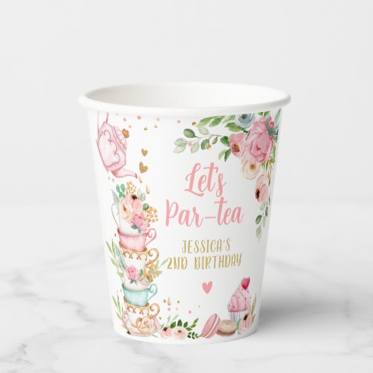 お茶の誕生日パーティーピンクフラワーガールパールティーフローラ 紙コップ (正面)