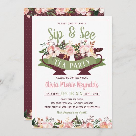 お茶の飲み物と参照パーティーベビーシャワー招待状 招待状 (正面/裏面)