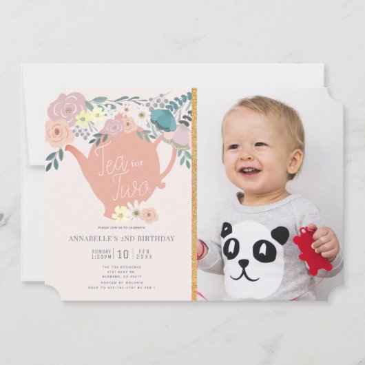 お茶の2つのフローラお茶パーティー写真2nd誕生日 招待状 (正面)