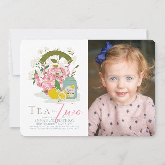 お茶の2つのフローラお茶パーティー写真2nd誕生日 招待状 (正面)