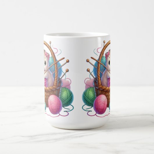 お茶よくはしゃぐ入りの糸かご内の猫 – Cozy Craft コーヒーマグカップ (中央)