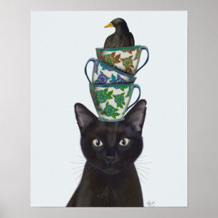 お茶わんやブラックバードと黒猫 ポスター