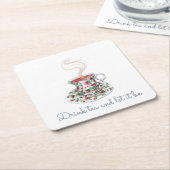 お茶を飲み、それが茶のスローガン引用文、ヴィンテージ スクエアペーパーコースター (アングル)