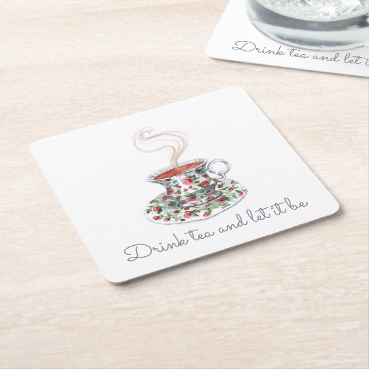 お茶を飲み、それが茶のスローガン引用文、ヴィンテージ スクエアペーパーコースター (アングル)