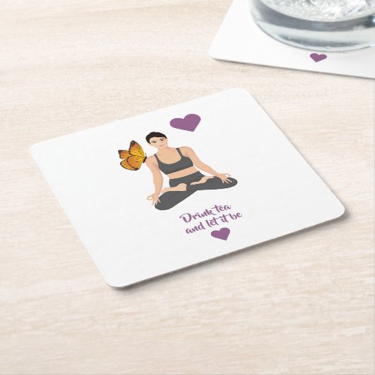 お茶を飲むスローガンとしてヨガバタフライラブ スクエアペーパーコースター (アングル)