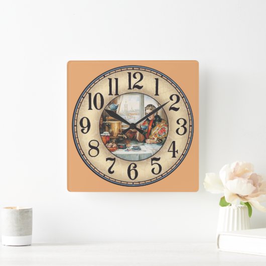 お茶を飲む女性 スクエア壁時計 (ホーム)