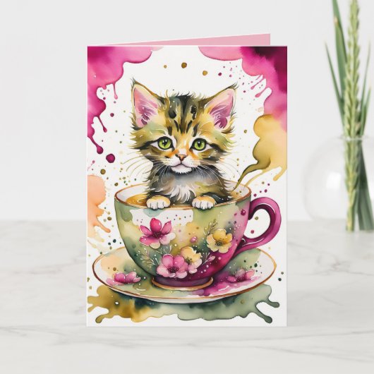 お茶を飲む来子ネコ カード (正面)