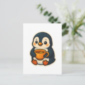 お茶を飲んだ可愛いペンギン ポストカード (スタンド正面)