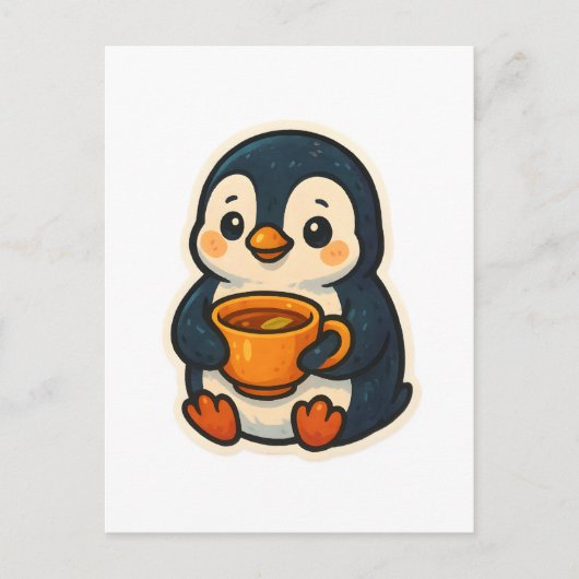 お茶を飲んだ可愛いペンギン ポストカード (正面)