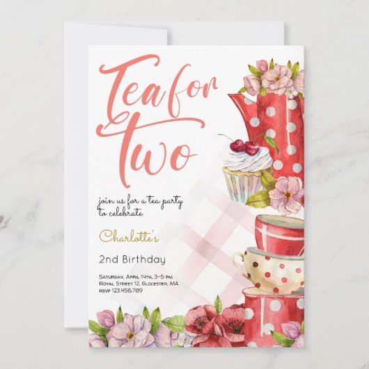 お茶を2つ、お茶の花の誕生日 招待状 (正面)