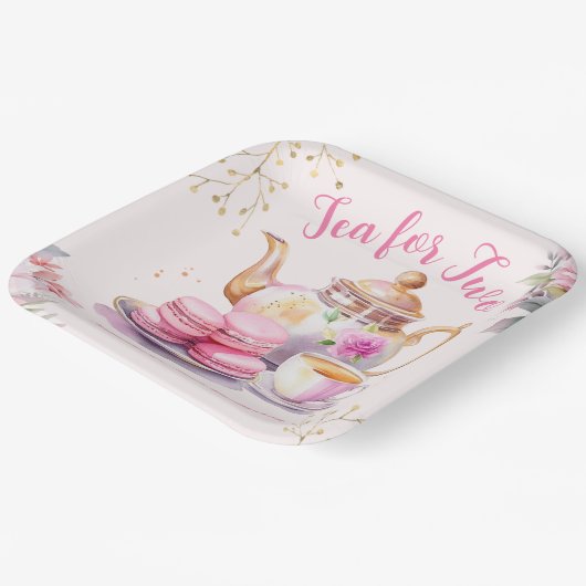 お茶を2つ！ガールピンクフローラ2nd誕生日パーティー ペーパープレート (傾斜あり)