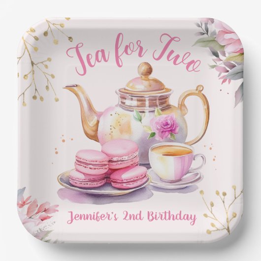 お茶を2つ！ガールピンクフローラ2nd誕生日パーティー ペーパープレート (正面)