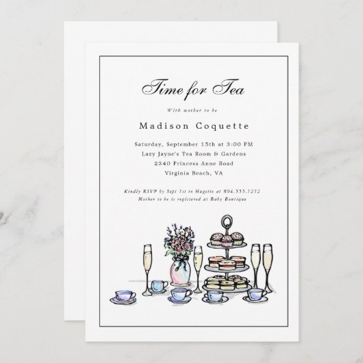 お茶エレガントお洒落の赤ちゃんシャワーの時間 招待状 (正面/裏面)