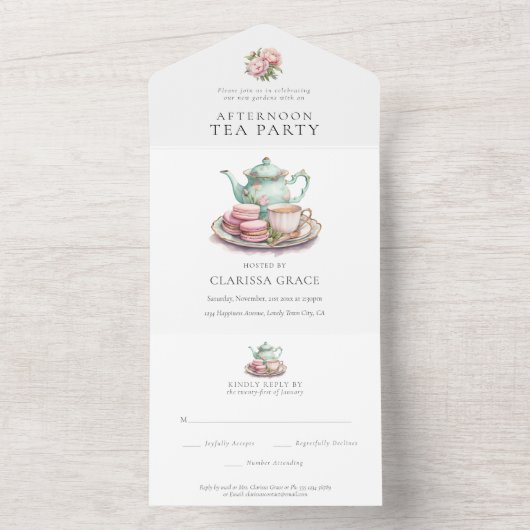 お茶エレガントパーティーの水の色をすべて1つ オールインワン招待状 (内側)