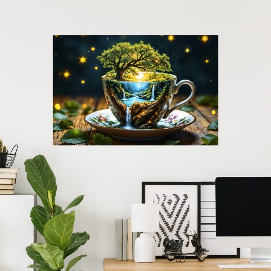 お茶セット超現実的なウォーターフォールドキッチンデコールアート ポスター (ホームオフィス)