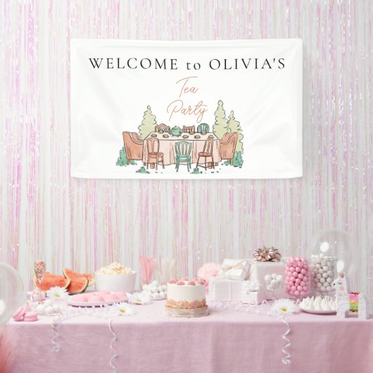 お茶パーティーの女の子かわいい誕生日ウェルカムサイン 横断幕 (パーティー)