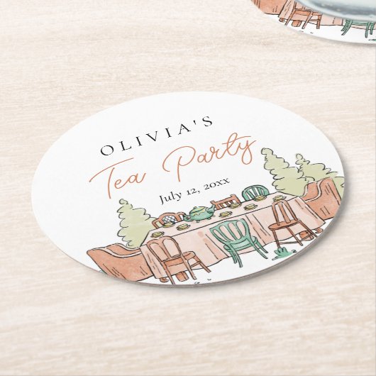 お茶パーティーの女の子の誕生日かわいい ラウンドペーパーコースター (アングル)