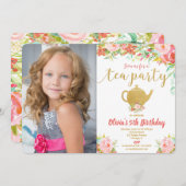 お茶パーティーの誕生日フローラ水彩ピンク金ゴールド 招待状 (正面/裏面)