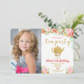 お茶パーティーの誕生日フローラ水彩ピンク金ゴールド 招待状 (スタンド正面)