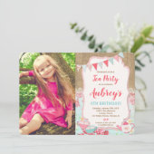 お茶パーティーの誕生日写真はみすぼらしいシック·バーラップ·ガール 招待状 (スタンド正面)