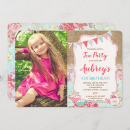 お茶パーティーの誕生日写真はみすぼらしいシック·バーラップ·ガール 招待状
