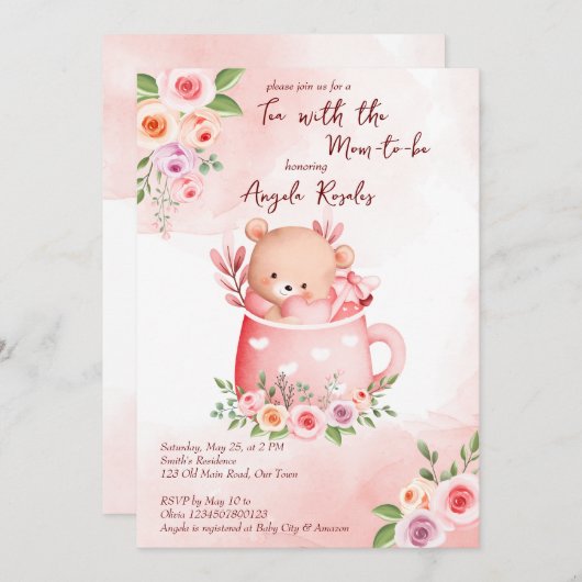 お茶パーティーの赤ちゃんシャワー可愛いピンクのテディのマグカップ 招待状 (正面/裏面)