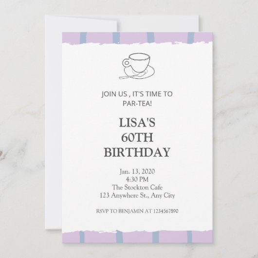 お茶パーティー薄紫パー茶60歳の誕生日 招待状 (正面)