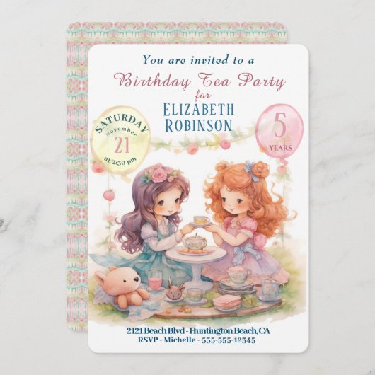 お茶パーティー誕生日パーティーの招待 招待状 (正面/裏面)
