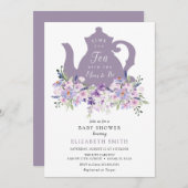 お茶パープルラベンダーの赤ちゃんシャワーの時間 招待状 (正面/裏面)