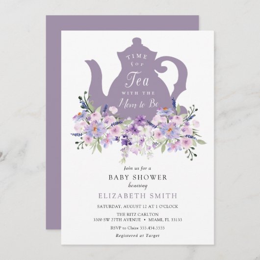 お茶パープルラベンダーの赤ちゃんシャワーの時間 招待状 (正面/裏面)