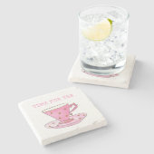 お茶ピンクの水色のティーカップかわいい時間 ストーンコースター (横)