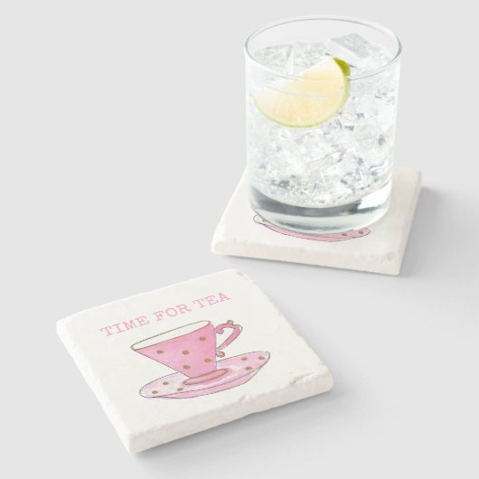 お茶ピンクの水色のティーカップかわいい時間 ストーンコースター (横)