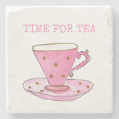 お茶ピンクの水色のティーカップかわいい時間 ストーンコースター (正面)