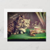 お茶ヴィンテージ猫誕生日のご希望|はがき シーズンポストカード (正面/裏面)