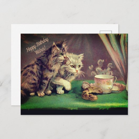 お茶ヴィンテージ猫誕生日のご希望|はがき シーズンポストカード (正面/裏面)