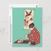 お茶中国のイラストレーション葉書を持つ女の子 ポストカード (正面/裏面)