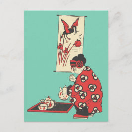 お茶中国のイラストレーション葉書を持つ女の子 ポストカード
