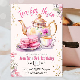 お茶会でお誕生日おめでとう! 3歳の女の子のピンクのお茶会 招待状