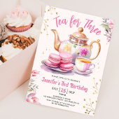 お茶会でお誕生日おめでとう！ ３歳の女の子のピンクのお茶会 招待状