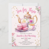 お茶会でお誕生日おめでとう！ ３歳の女の子のピンクのお茶会 招待状 (正面)